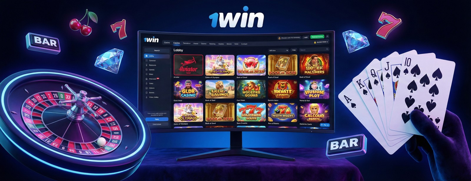 1win online casino platform with popular slots like Aviator, Gates of Olympus, roulette wheel, and poker cards