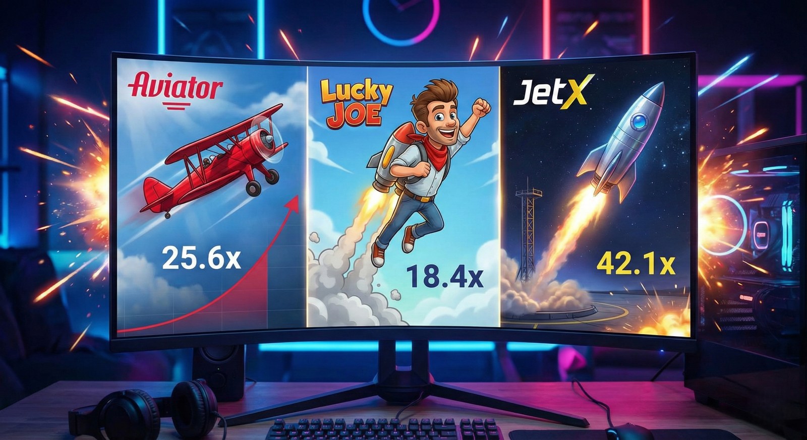 Comparison of popular crash games Aviator, Lucky Joe, and JetX showing high win multipliers on a curved gaming monitor.