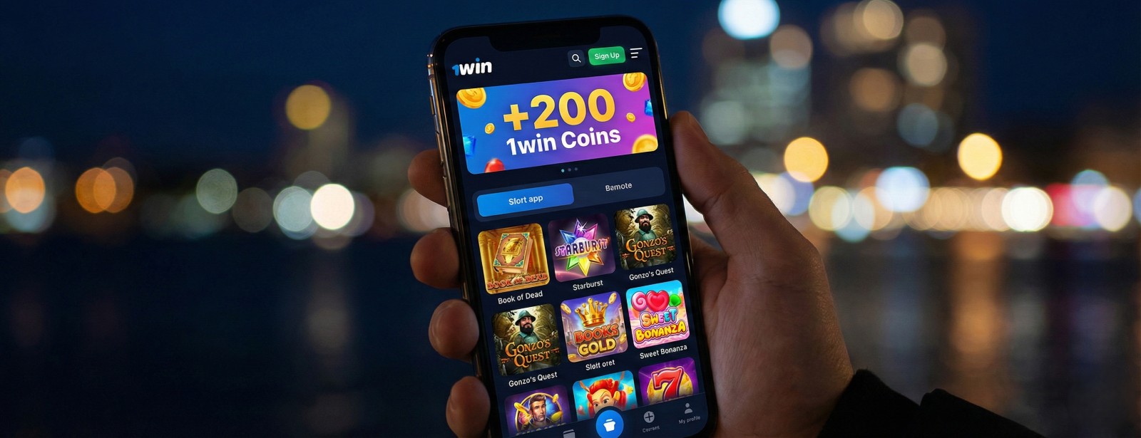 Hand holding a smartphone displaying 1win casino app with 200 bonus coins banner and popular slots like Book of Dead