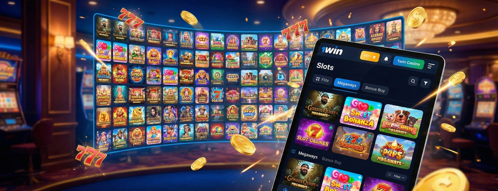 A large digital display of various 1win slot games including Sweet Bonanza and Gonzo's Quest with floating gold coins