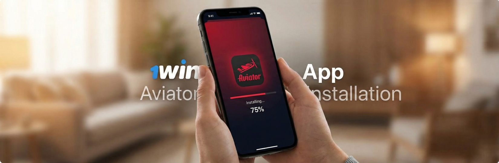 Person installing the 1win Aviator mobile app on a smartphone, showing a 75% download progress bar on the red screen