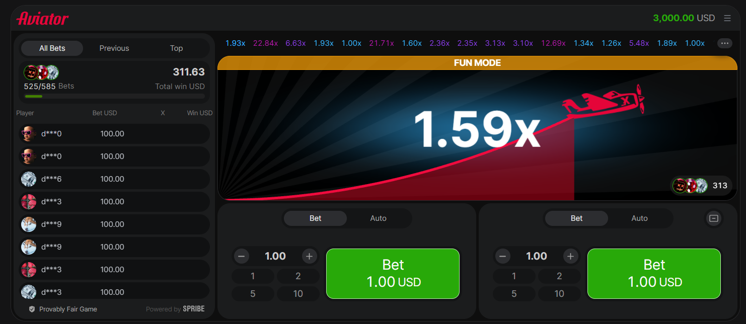 Interface of Aviator game by Spribe showing a 1.59x multiplier, active betting panel, and live player statistics