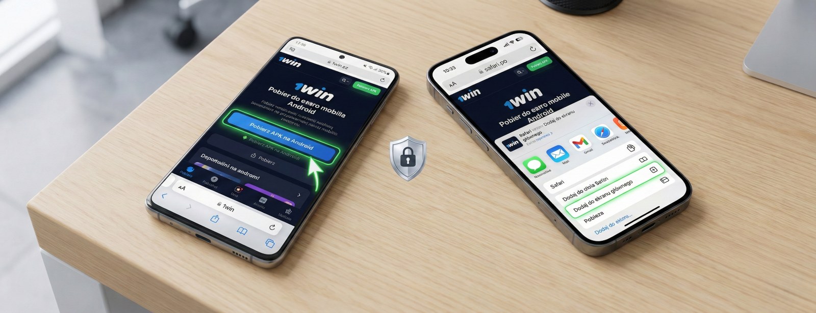 Two smartphones on a desk showing the 1win secure download page for Android APK and the iOS Add to Home Screen menu.