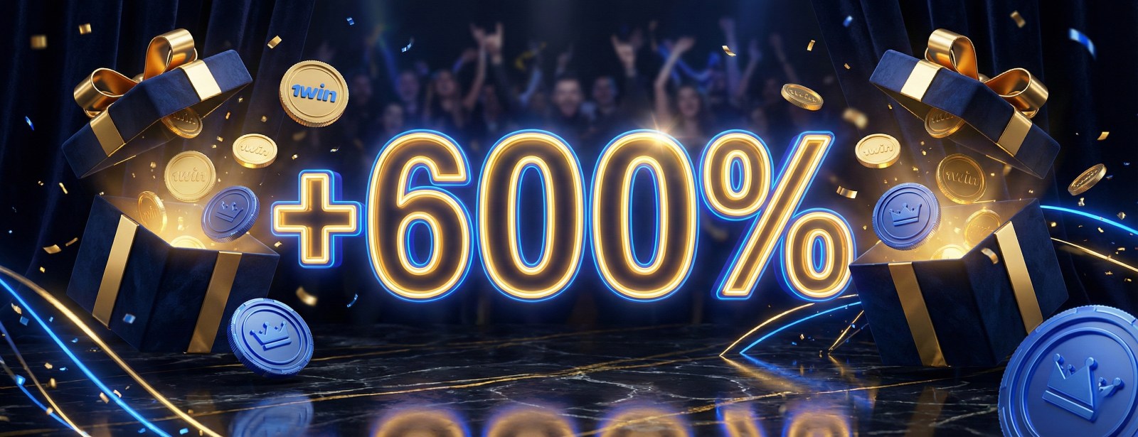 Neon 600% crypto bonus banner for 1win casino featuring blue gift boxes, gold coins, and luxury marble background