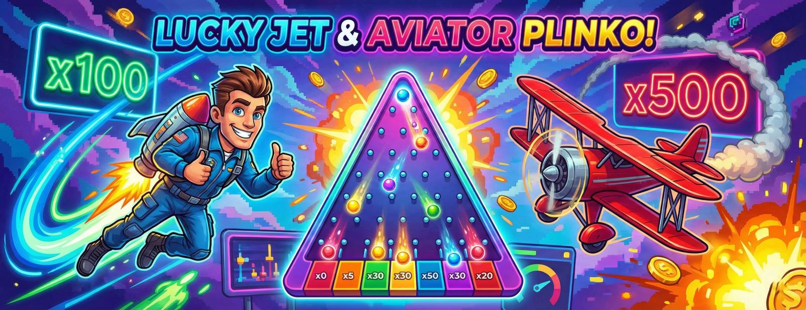 Vibrant banner featuring Lucky Jet character, Aviator plane, and Plinko board with x100 and x500 win multipliers.
