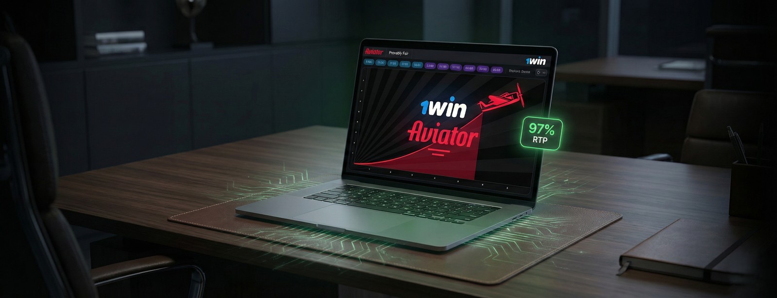 Official 1win Aviator game on a laptop screen with a 97% RTP badge, set on a modern wooden office desk background