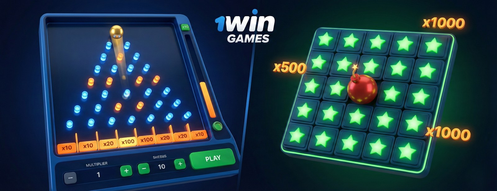 Interface of 1win Plinko and Mines games showing a golden ball falling through pegs and a grid with stars and a bomb