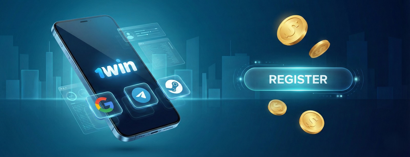 Smartphone screen with 1win logo, registration button, gold coins, and icons for Google, Telegram, and Steam.