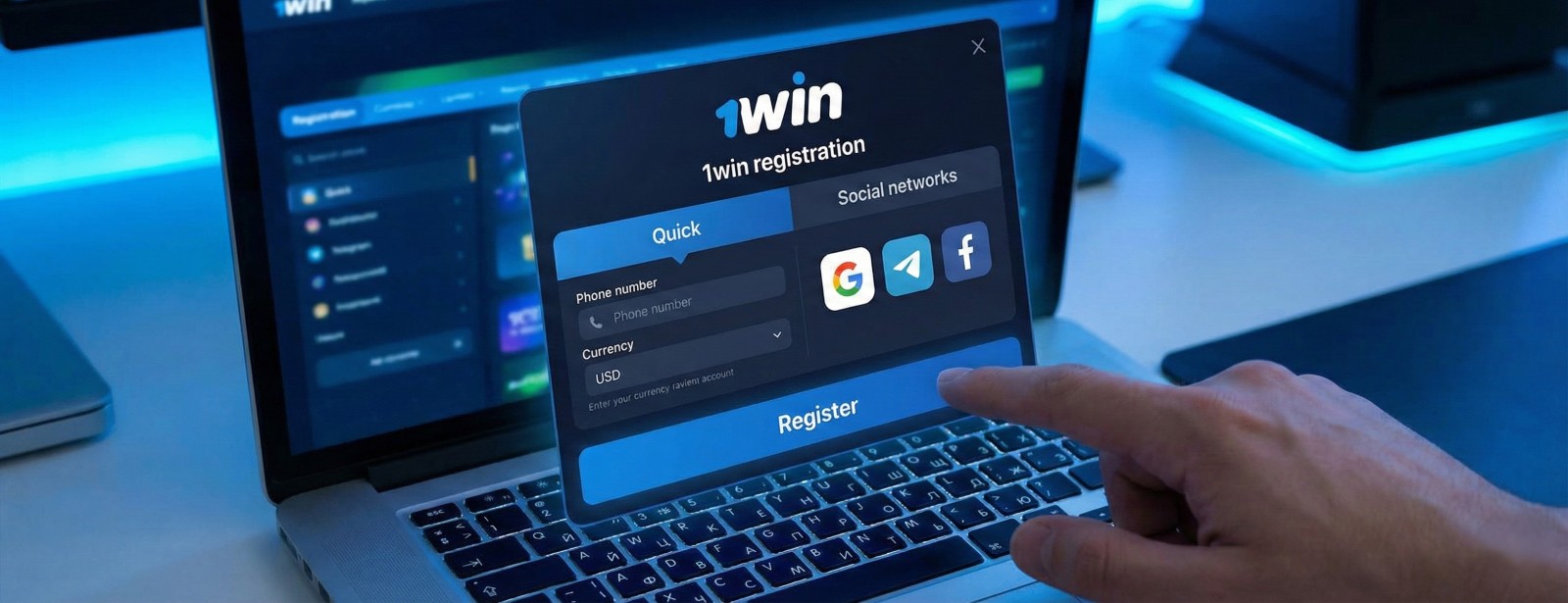 1win registration interface showing quick sign up via phone number and social networks like Google or Telegram