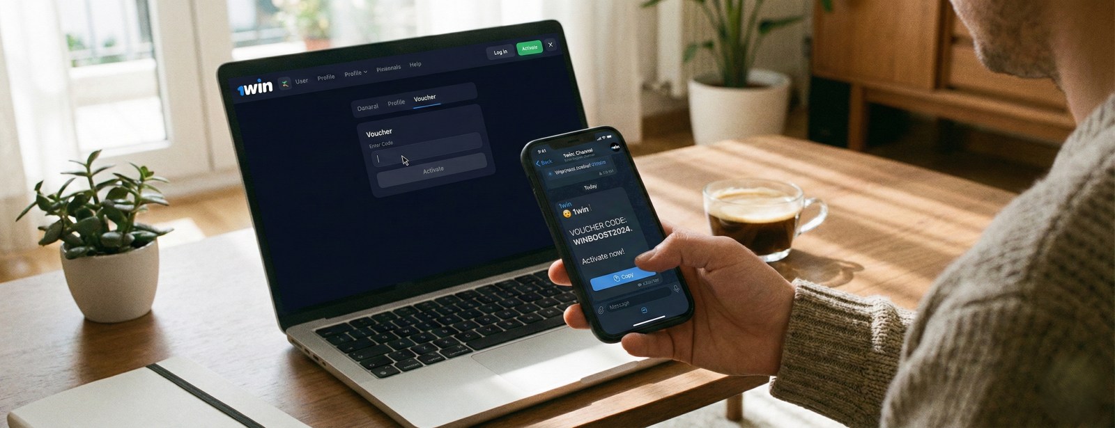 Person holding a phone with a Telegram promo code next to a laptop showing the 1win voucher activation page